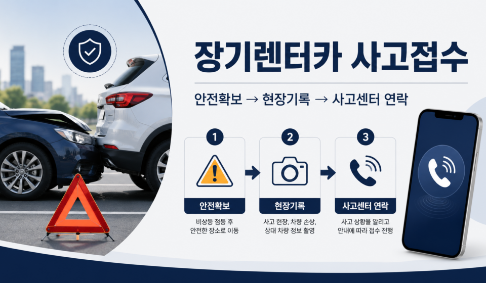 장기렌터카 사고 시 안전 확보와 사고접수 순서를 안내하는 이미지