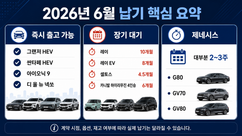 2026년 6월 즉시 출고 가능 차종과 장기 대기 차종 및 제네시스 납기 요약