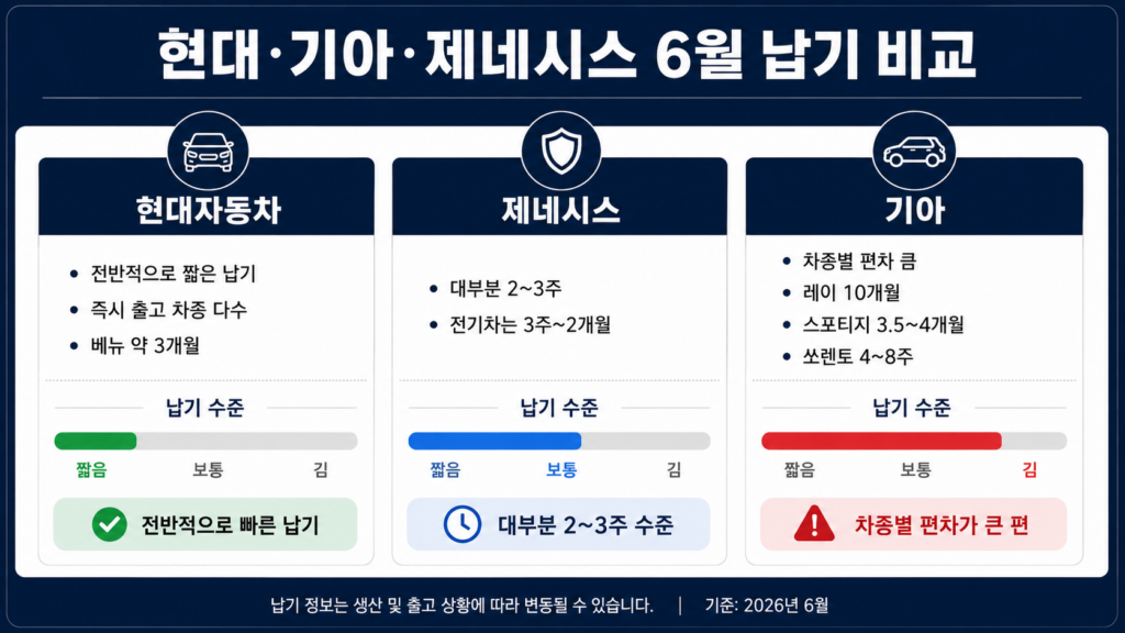 2026년 6월 현대자동차 기아 제네시스 신차 납기 비교