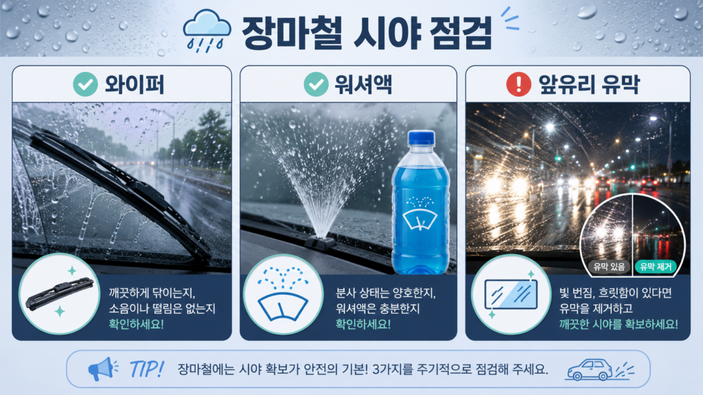 장마철 와이퍼 워셔액 앞유리 유막 점검 방법