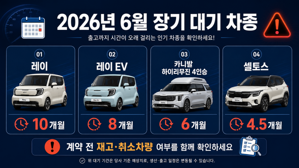 2026년 6월 레이 레이 EV 카니발 하이리무진 셀토스 장기 출고 대기기간