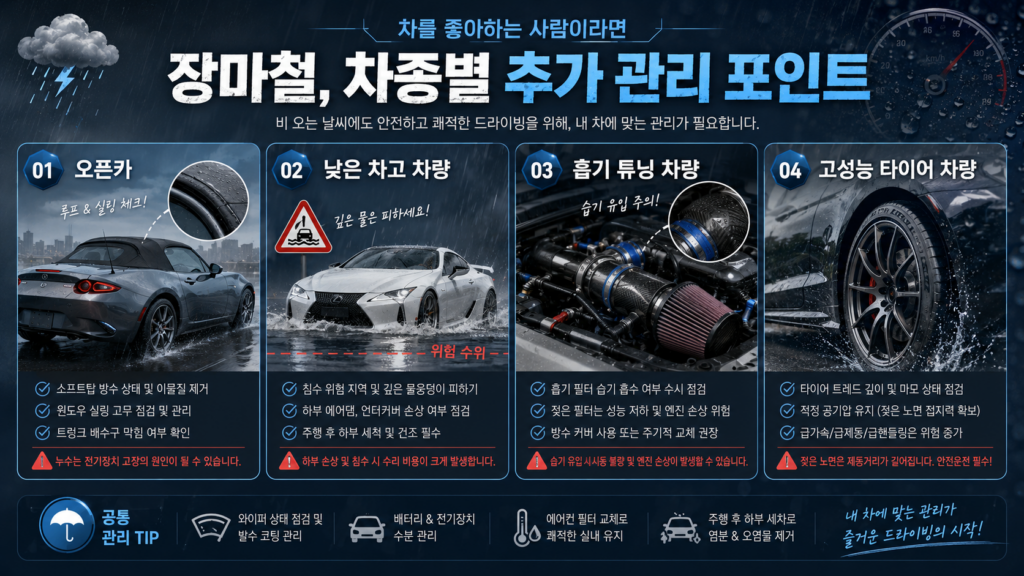 오픈카 낮은 차고 흡기 튜닝 고성능 타이어 차량의 장마철 관리 포인트