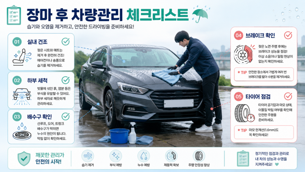 장마 후 실내 건조 하부 세척 배수구 브레이크 타이어 차량관리 체크리스트